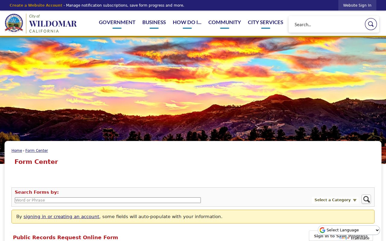 Wildomar residents directory view of the city public records request form