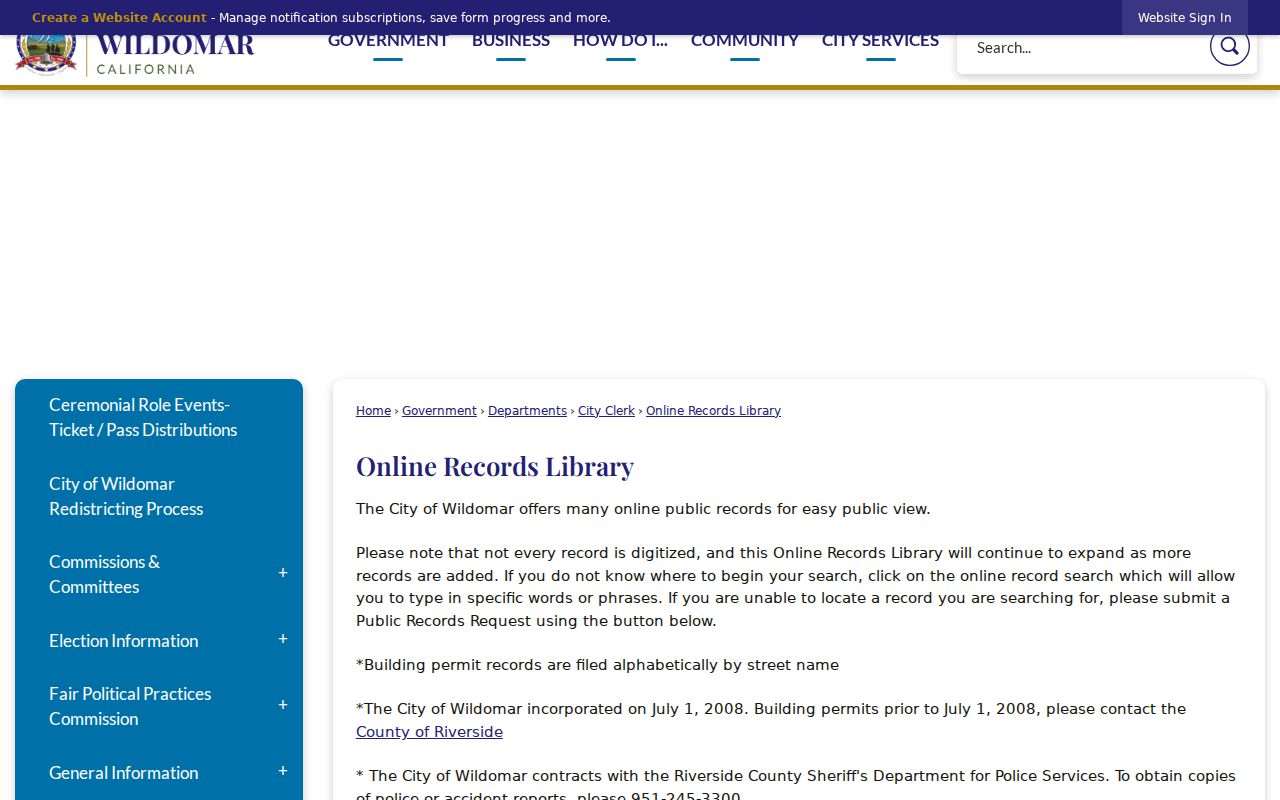 Wildomar residents directory view of the city online records library
