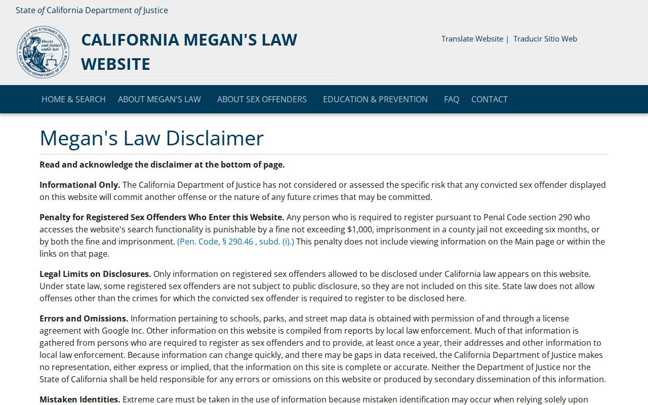 Wildomar resident lookup and California Megan's Law registry controls